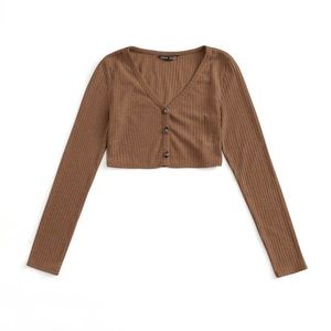 SHEIN Ribbed Button Front Long Sleve Cropped Tee